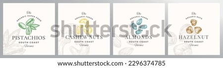 Nuts Logo Templates Set. Hand Drawn Almonds, Pistachios, Cashew and Hazelnut Sketches with Retro Typography. Premium Plant Based Vegan Food Badge Emblems Collection. Isolated
