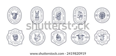 Meat Vegetables and Poultry Farm Retro Framed Badges Logo Templates Collection. Hand Drawn Domestic Animals and Birds Sketches with Retro Typography. Vintage Sketch Emblems Set. Isolated
