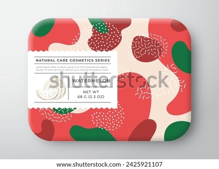 Fruit Bath Cosmetics Package Box. Vector Wrapped Paper Container with Care Label Design. Modern Typography and Hand Drawn Watermelon. Abstract Camo Background Pattern Layout. Isolated