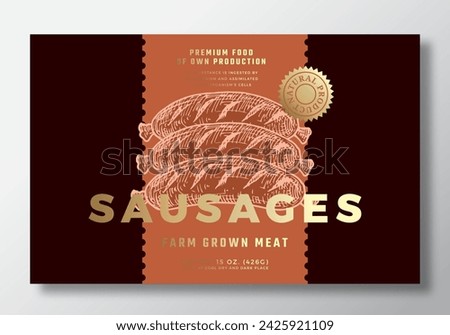 Sausages package label. Vector food product design layout with hand drawn illustration. Modern typography banner. Color Paper Background Layout with Gold Foil Effect. Isolated