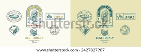 Turkey Frame Badges Logo Templates Collection. Hand Drawn Domestic Birds Farm Sketches with Retro Typography. Vintage Engraving Emblems Design Set. Isolated