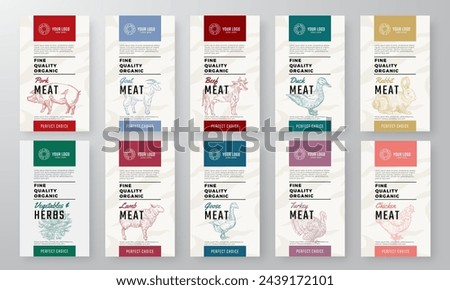 Organic Meat, Poultry, Vegetables Vector Packaging Design Textured Label Templates Set. Beef, Chicken, Herbs Food Product Banners. Hand Drawn Domestic Animals Backgrounds Layout Collection. Isolated