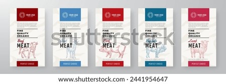 Organic Meat Vector Packaging Design Textured Label Templates Set. Beef, Pork, Lamb Food Product Banners. Hand Drawn Domestic Animals Backgrounds Layout Collection. Isolated