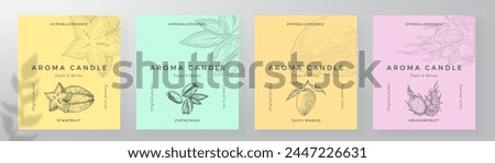 Aroma candle label design templates set. Scented air freshener product sticker mockup backgrounds collection. Fruit scent decorative packaging layouts bundle