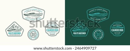 Kayaking Vector Frame Signs, Labels Logo Templates Collection. Hand Drawn Kayak Canoe Boat and Mountains Landscape Sketch with Typography. Water Sports Vintage Emblems Bundle. Isolated