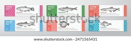 Fish Seafood Vector Packaging Label Design Collection Modern Typography and Hand Drawn Salmon, Sardines, Dorado and Flounder Product Background Layouts Set