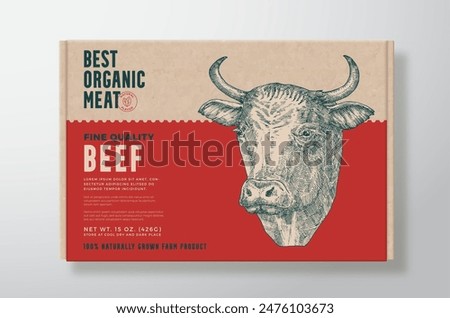 Beef Meat Vector Packaging Label Design on a Craft Cardboard Food Box Container. Modern Typography and Hand Drawn Domestic Cow Face Head Background Layout. Isolated