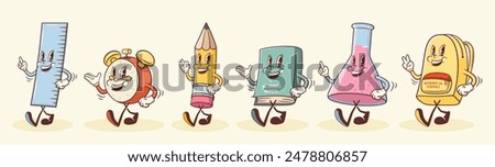 Groovy Back to School Retro Characters Set. Cartoon Pencil, Backpack, Clock, Book and Ruler. Vector Education Chemistry Mascot Templates. Happy Vintage Cool Learning Personage Illustrations. Isolated