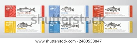 Fish Seafood Vector Packaging Label Design Collection Modern Typography and Hand Drawn Salmon, Seabass, Pollock and Surmullet Product Background Layouts Set