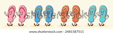 Summer Beach Retro Cartoon Characters Set. Groovy Flip Flops Slippers Illustration. Vintage Personage Walking and Smiling Vector Drawings Collection. Isolated