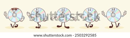 Groovy CD Retro Characters Set. Cartoon Music Compact Disk Record Personage Walking, Dancing and Smiling. Vector Funny Disco Mascot Templates Collection. Happy Vintage Cool Illustrations. Isolated