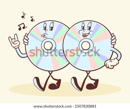 Groovy CD Retro Characters. Cartoon Music Compact Disk Record Personage Walking, Whistling and Smiling. Vector Funny Disco Mascot Template. Happy Vintage Cool Illustration. Isolated