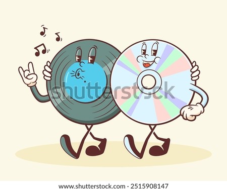 Groovy Vinil and CD Retro Characters. Cartoon Music Disk Record Personage Walking, Whistling and Smiling. Vector Funny Disco Mascot Template. Happy Vintage Cool Illustration. Isolated