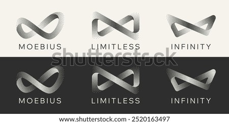 Gritty Dots Digital Technology Grey Light Vector Infinity Logo. Artificial Intelligence Abstract Data Limitless Sign Concept. Grain Texture Endless Infinite Loop Emblem Templates Set. Isolated