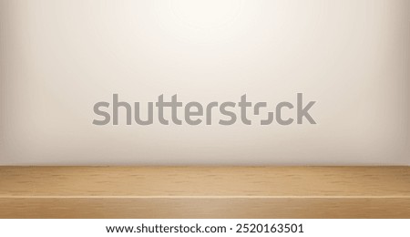 Vector Wooden Top Studio Room Scene Backdrop Mockup. Limbo Abstract 3d Product Presentation Background. Wall Shelf Minimalistic Promo Showcase Display Shelf Tabletop. Clear Podium Stage Template