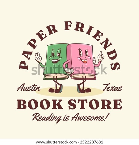 Vector Book Store School Learning Group of Characters Illustration Logo Template. Groovy Cartoon Library Friends Books Walking Personage Label. Isolated