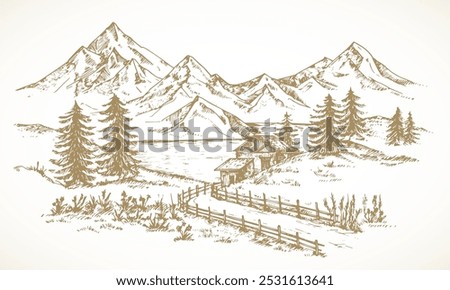 Mountain Cabin Sketch Rustic Landscape Illustration. Hand Drawn Vector Mountains, Lake, Forest and Road Doodle. Engraving Style Outdoor Pine Wood Chalet Drawing. Isolated