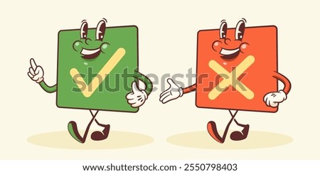 Cute Vector Geometric Characters Illustration. Groovy Cartoon Checkboxes with Funny Face Expressions. Kids Style Childish Education Personage Tick Check and Cross Yes No Marks Mascots Isolated