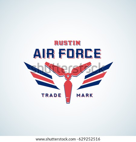 Air Force Vector Retro Label, Sign or Logo Template. Aeroplane Air Screw with Wings in Red and Blue Colors. Isolated.