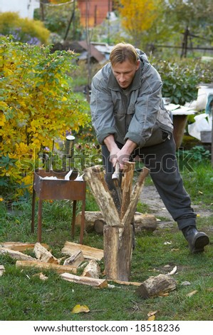 The young man pricks fire wood an axe in the court yard. Autumn, outdoor