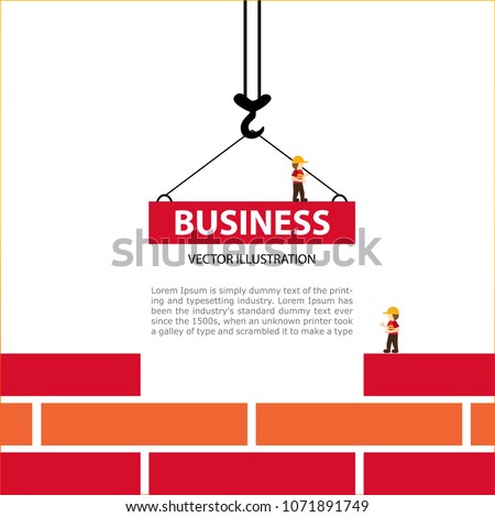 Bright illustration on the theme of Building. The crane hook lowers down the red brick blocks. Template construction sites or other projects. Blank space for text.