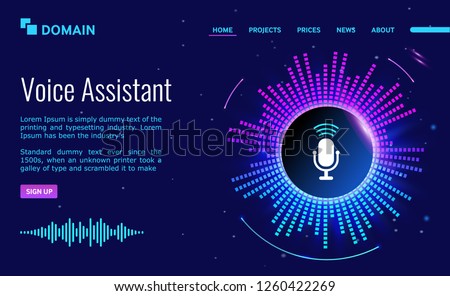 Voice personal online assistant. Landing page design. technology for personal identity recognition and access authentication. Digital audio sound scanner on ultraviolet background. 