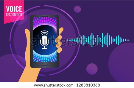 Voice recognition on mobile app. Personal assistant, human hand with smartphone on a dark background and EQ lines. Concept flat vector illustration. 