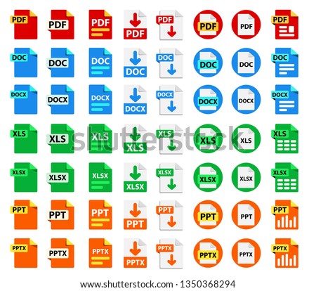 Big Collection of vector icons. File format extensions icons. 8 different design options. PDF, DOC, DOCx, XLS, XLSx, PPT, PPTx. 