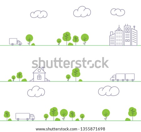 urban landscape street with cars. the truck goes on the road from the village to the city. Flat vector outline style illustration.