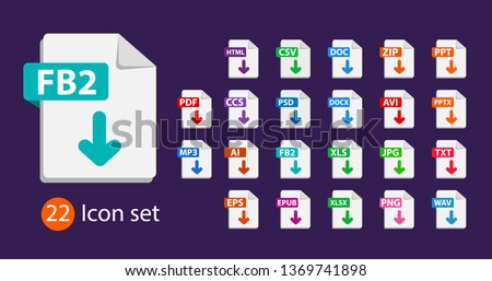 Collection of vector icons. Sign Download fb2 on dark background. File format extensions icons. PDF, MP3, TXT, DOC, DOCx, ZIP, PPTx, XLSx, JPG, PSD, AVI.