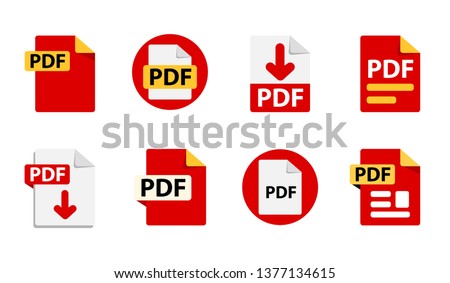 Collection of vector icons PDF. File format extensions icons. 8 different design options. Circle buttons. flat design style
