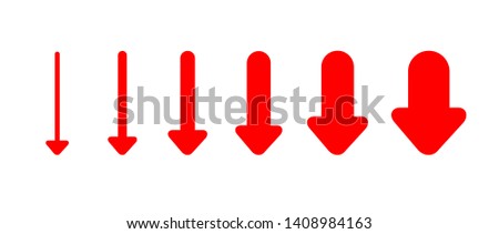Set Arrows and directions signs down or download,. different thicknesses from thin to thick. red Vector arrows isolated on white background. 