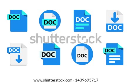 Collection of vector icons DOC. File format extensions icons. 8 different design options. Circle buttons. flat design style