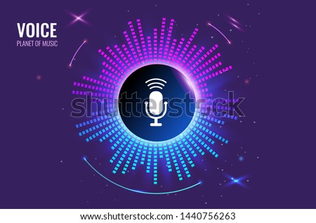 The musical symbol of the circular equalizer. Voice recognition abstract background. icon microphone in the center of the musical planet. vector Illustration.