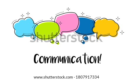 Bright Color dialog speech bubbles with icons and text Comunication. On white background. Safety communication technology concept. mobile technology. Hand drawn doodle. Vector illustration. 