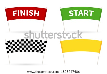 Flag Start. Flag finish for the competition. streamers of Start and Finish in flat style. 4 different colors of a finish line.  vector illustration isolated on white.