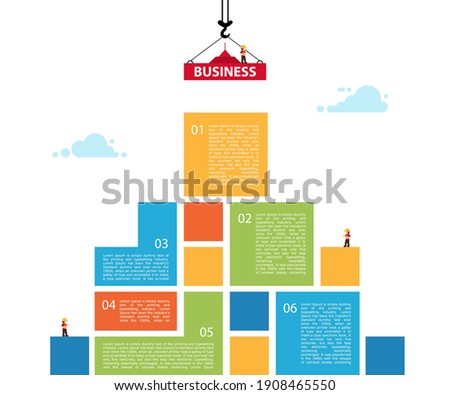 Infographic building business. concept of building success. Crane and building color block. Vector Illustration. template  design layout 6 step.