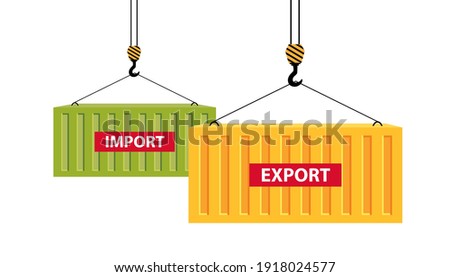 Port crane lift two cargo containers with words import and export. Concept of worldwide delivery by marine transport. Vector illustration isolated on white