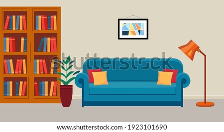 Interior of public library. Room with bookcase, sofa and reading lamp. Home library. Vector illustration  in flat style.