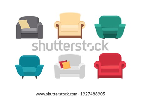 Set different armchair  for interior of house. Big Collection sofa icons. White, blue, red and green sofa. Vector illustration isolated on white.