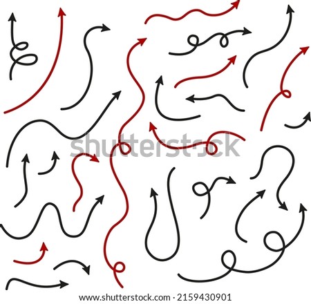 Big Set Arrows and directions signs. thin line with arrow. doodle style. Vector black and red arrows, isolated on white background. 