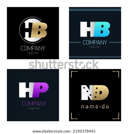 Set modern logo. Emblem Monogram HB, HP and ND. Silver and color Letter. sign Template Design Element. Vector on Black background.