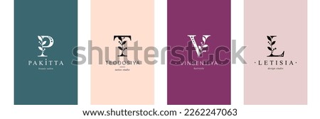 Bundle of Botanical Minimalistic Logos. Monogram of letters  P, T  with Organic Plant Elements. Vector design V, L.  for business card Stock fotó © 