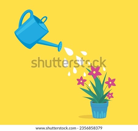 Illustration of watering a flower from a garden watering can. Red Flower in a blue pot on a bright sunny yellow background. Vector, Flat style.