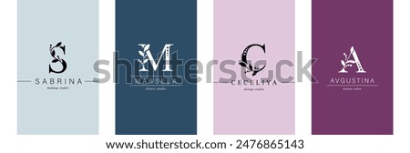 Set Logo V, A of Botanical Minimalistic. capital letter S, M.  Initial, Letter Feminine Logos with Organic Plant Elements. Vector design.  for business card