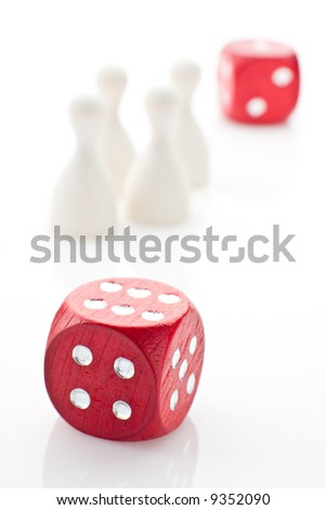 Two dice and gaming pieces