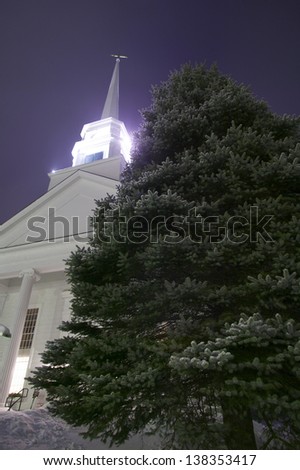 Nighttime and the Stowe Community Church, Stowe, Vermont, USA