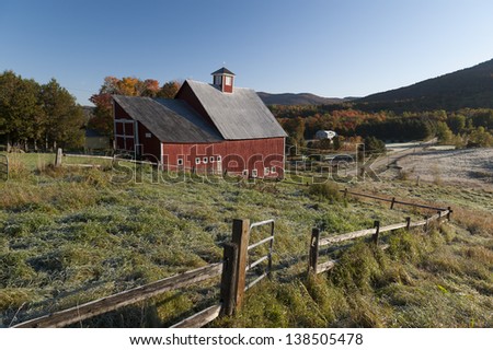 Red barn during fall foliage, Stowe, Vermont, USA