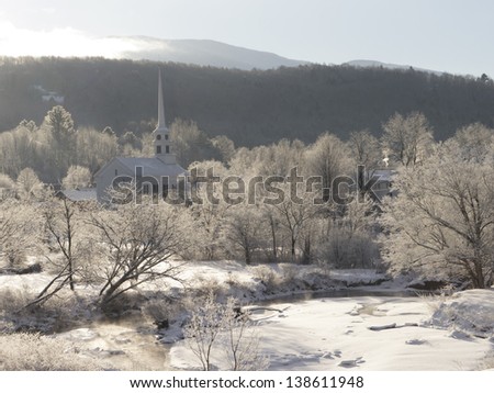 Stowe Community Church and frost on trees on a cold winter morning, Stowe, Vermont, USA