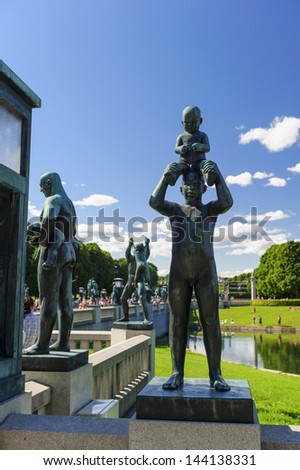 Oslo - July 24: Boy carrying an infant on his head sculpture at the Vigeland Sculpture Arrangement in Frogner Park on July 24, 2010 in Oslo, Norway